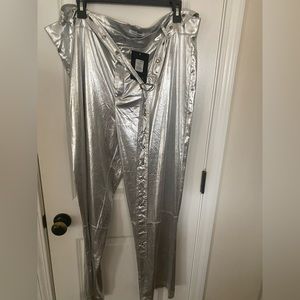 Metallic silver flare leg belted pants